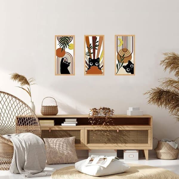 3-delt Boho-Chic Vægkunst Sæt med Katte, Vaser, Tropiske Blade, Sol- og Månemotiver