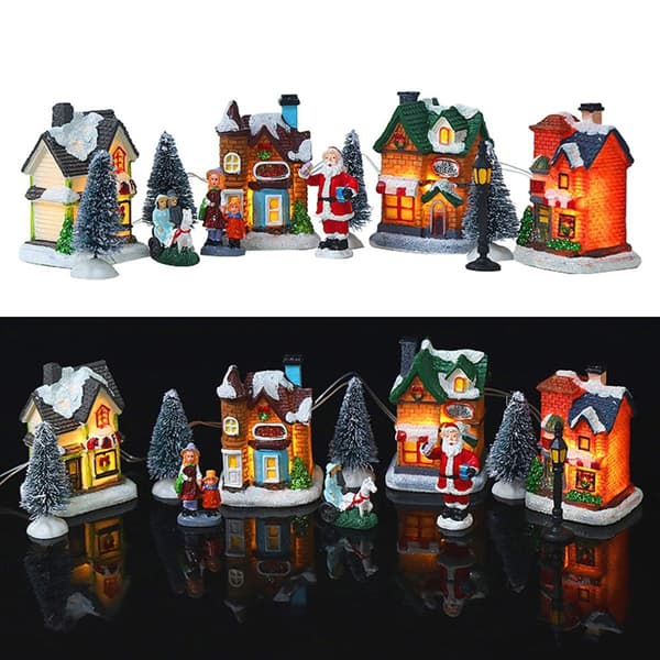 Julelandsby i harpiks med LED-lys, miniaturehuse, julepyntgave