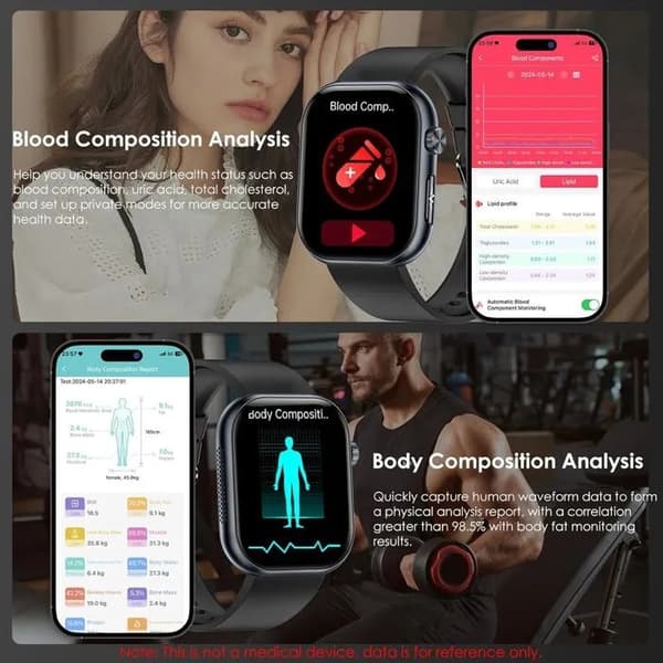 Smartklokke med EKG, HRV, urinsyre, BMI, 1,95\" AMOLED, Bluetooth-samtaler, emosjonsdeteksjon, helseovervåking