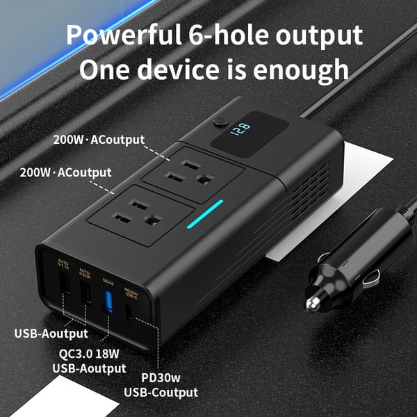 200W bilstrømomformer 12V til 110V med amerikansk plugg, PD, QC3.0, USB Silver Gray 110V US Plug