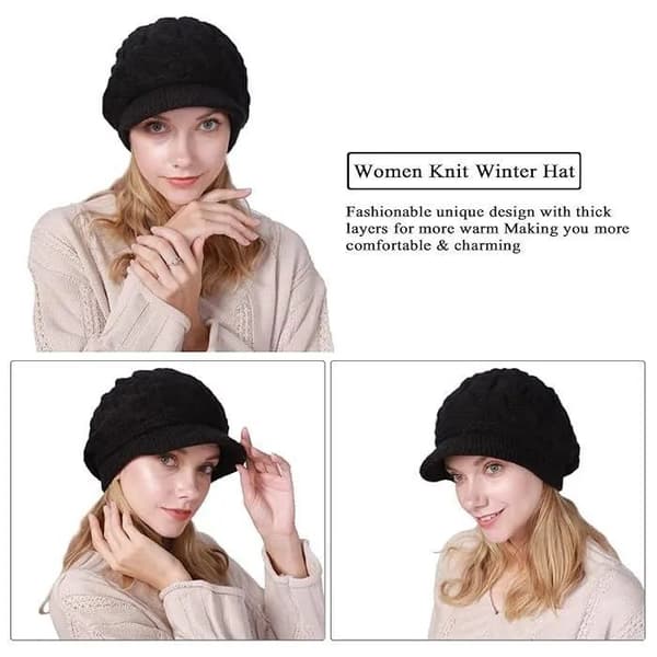 Damfleecebasker, stickad vintermössa, varm, vintage chic, pompom