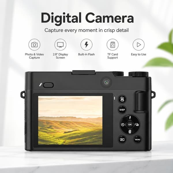 4K 64MP digitalkamera med front- og bagkamera, 32 GB hukommelseskort, sort