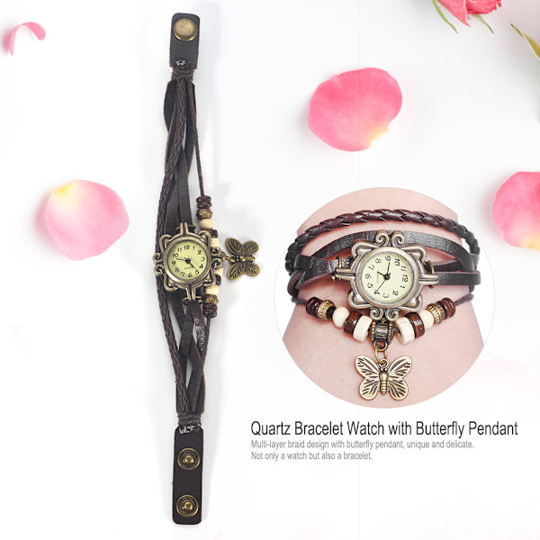 Braid Weave PU Armband Quartz Analog Watch Armbandsur med fjärilshänge (kafferem)