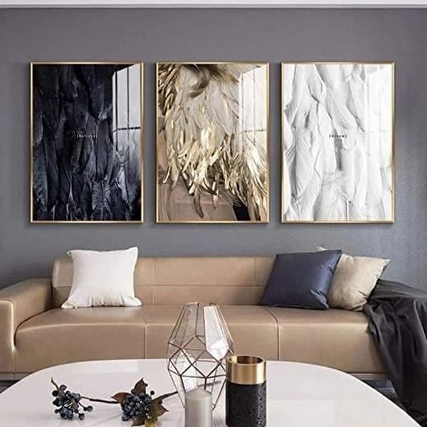 Sæt med 3 moderne lærredstryk med sorte, hvide og guldfjer, 50 x 70 cm