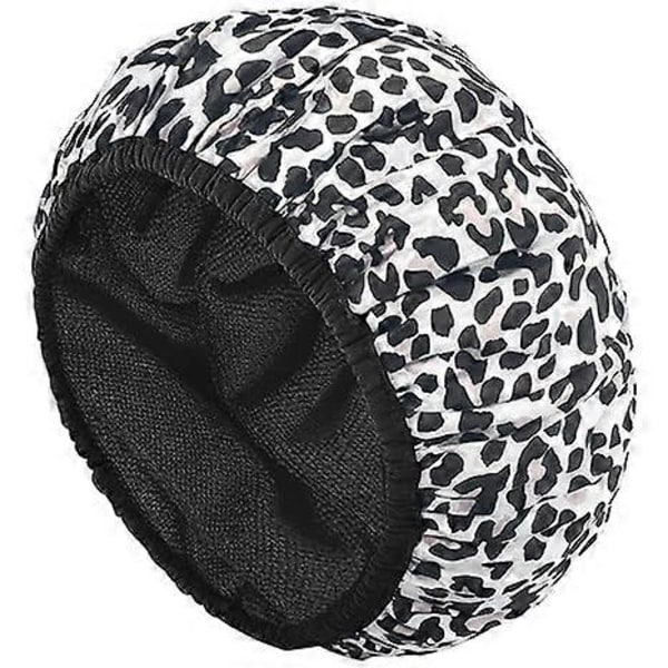 Brusehætte, frottéforede brusehætter, tredobbelt lag stor brusehætte til kvinder, håndklædeforede genanvendelige brusehætter sort hvid, (Leopard)33CM