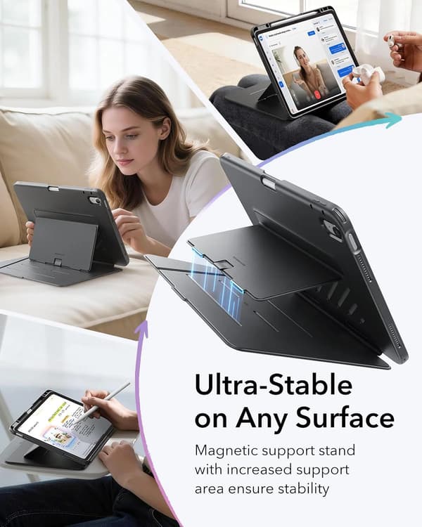 Lodret standercover til iPad Air 13 tommer (M3/M2 2025/2024) - Foldbart Multi-Vinkel Etui, Sort, Stabil Beslag til Håndfri Visning