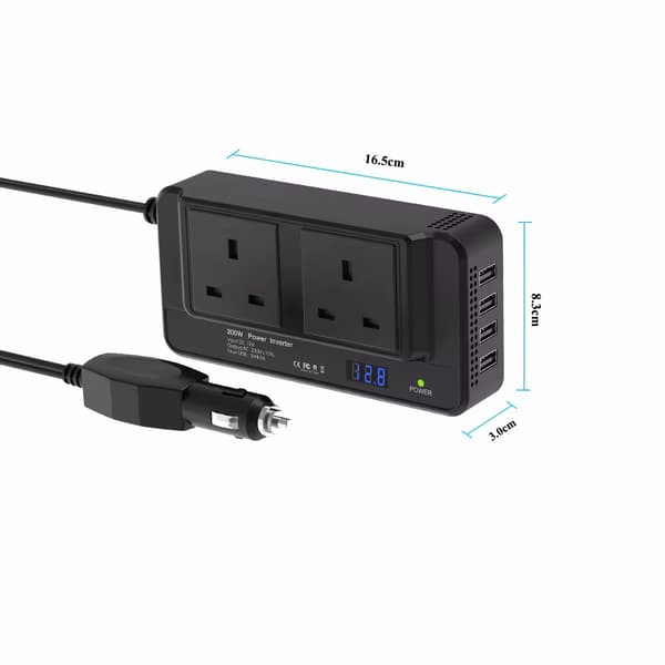 200W Bilstrømomformer 12V til 220V med 200W UK-pluggkontakt, USB, skjerm 220V 200W UK Socket