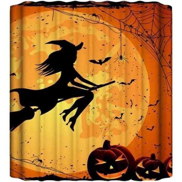 Halloween Duschdraperi 180x180cm, Häxa Pumpa Design med Krokar, Polyester, Vattentålig