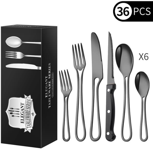 36-dels bestikksett i rustfritt stål, hult design, til middag black gold