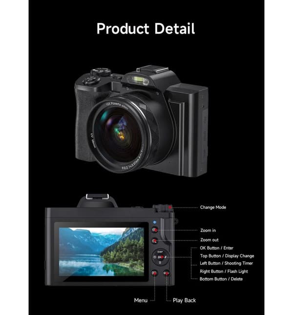 4K 48MP Digitalkamera, Sort, 16X Zoom, CMOS, Selvudløser, Kompakt til Begyndere