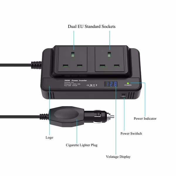 200W Bilstrømomformer 12V til 220V med 200W UK-pluggkontakt, USB, skjerm 220V 200W UK Socket