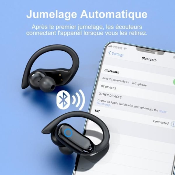 Bluetooth hörlurar IPX7 Vattentät med LED-örhängemikrofon, för sport/motion/gym/löpsvart
