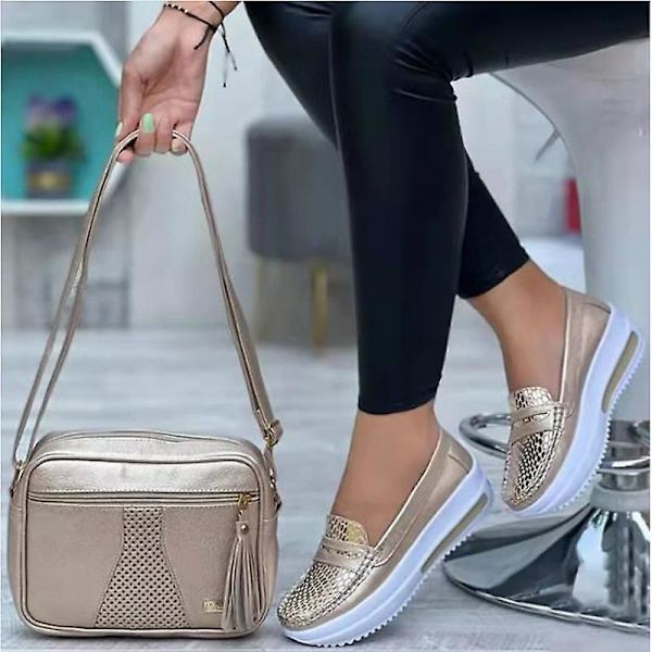 Dam stängda tå loafers casual alla årstider skor låga kilar Champagne EU 40
