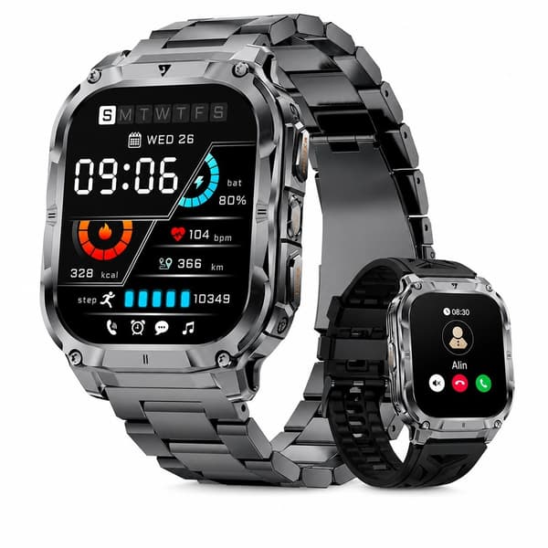Smartwatch i militærstil til mænd, 2,0\" HD-skærm, Bluetooth-opkald, Android/iOS, Sort/Stål
