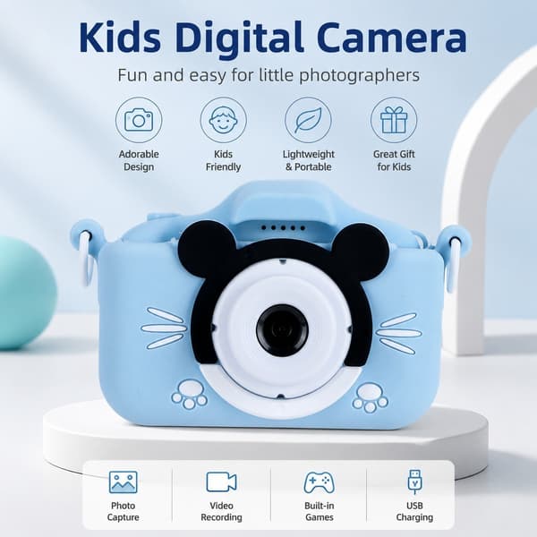 20 MP digitalkamera for barn, blå, USB-lading, dobbel fotografering, bursdagsgave