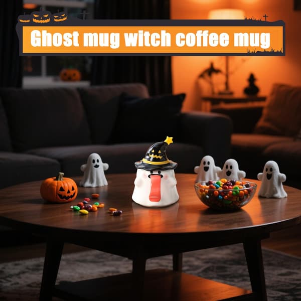 Halloween Spökmugg 450ml Keramisk Kaffekopp med Lock, Svart, Rolig