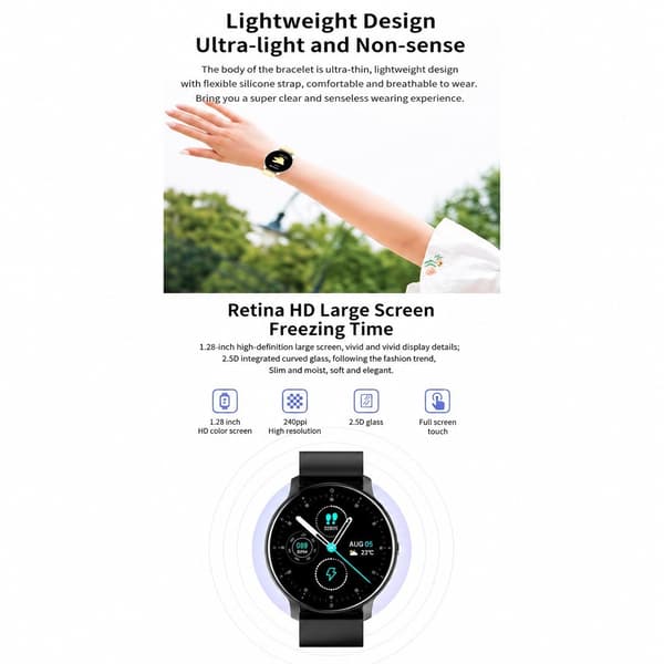 Smartwatch med sömn- och pulsmätare, IP67 vattentät, lång batteritid, svart