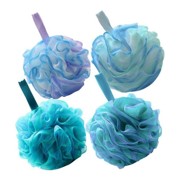 Pakke med 4 store 75 g blomstermønstrede bløde eksfolierende bruse-loofahs i net