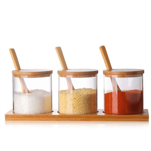 300 ml lasiset maustepurkit bambukannella ja lusikalla, keittiön maustelaatikko, mausteastia, sokeri-, suola- ja pippuripurkki Clear 3PCS