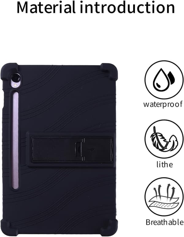 Silikonfodral för Samsung Galaxy Tab S10 Lite 11\", justerbart stativ, stötsäkert, barnvänligt, svart