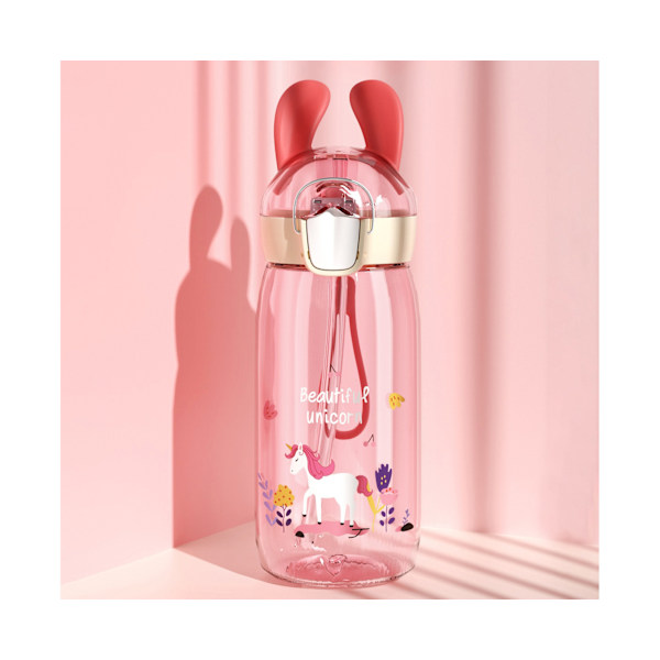 400ml/550ml vattenflaska Anti-läckage One Click Open Plast Cartoon Animal Halmflaska för skolrosa