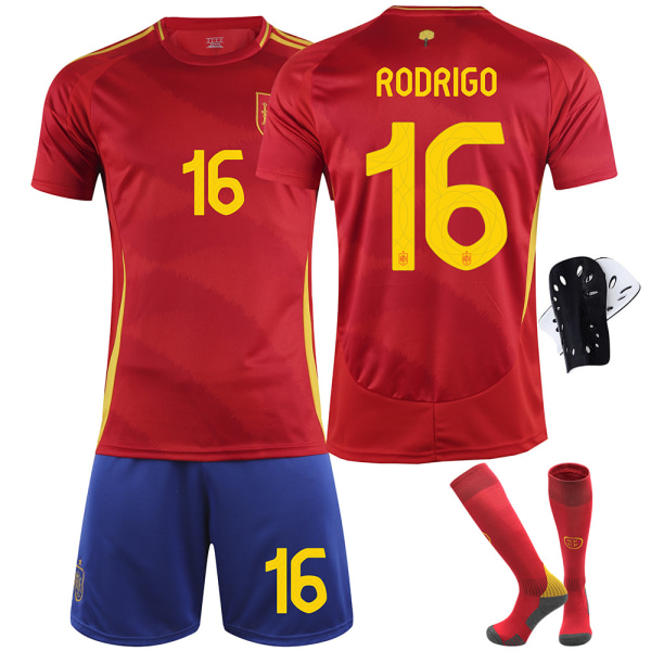 2024 Spania EM-drakt nr. 9 Gavi 26 Pedri 7 Morata 16 Rodri fotballuniformsett - Nr. 16 med sokker + beskyttelsesutstyr 20(110-120cm)