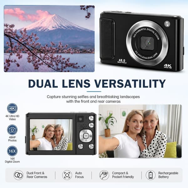 4K HD digitalkamera med front- og baglinse, stabilisering, sort Black