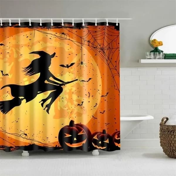Halloween Duschdraperi 180x180cm, Häxa Pumpa Design med Krokar, Polyester, Vattentålig