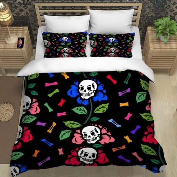 Påslakan med 3D-tryck, färgglada dödskallar och skelett, svart, lättskött polyester, 200x200 cm
