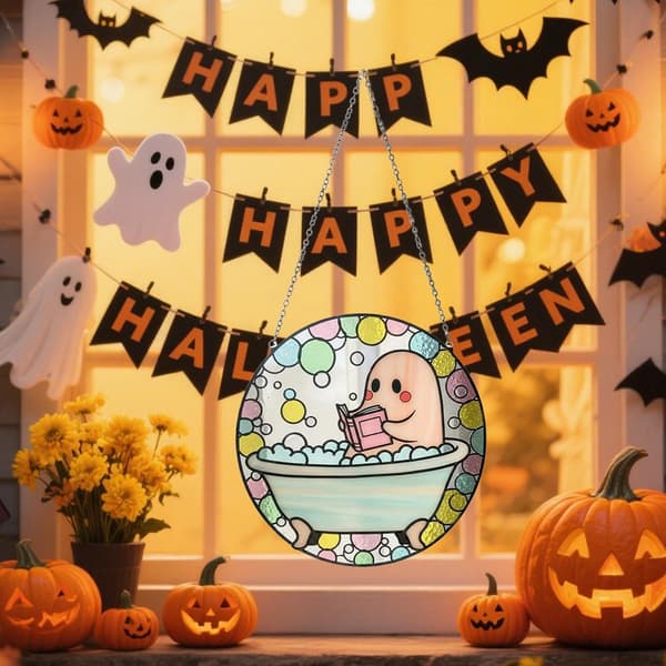 Akrylspöke som läser prydnad, Halloween-dekor för dörr, vardagsrum, bondgård, hotell Pink