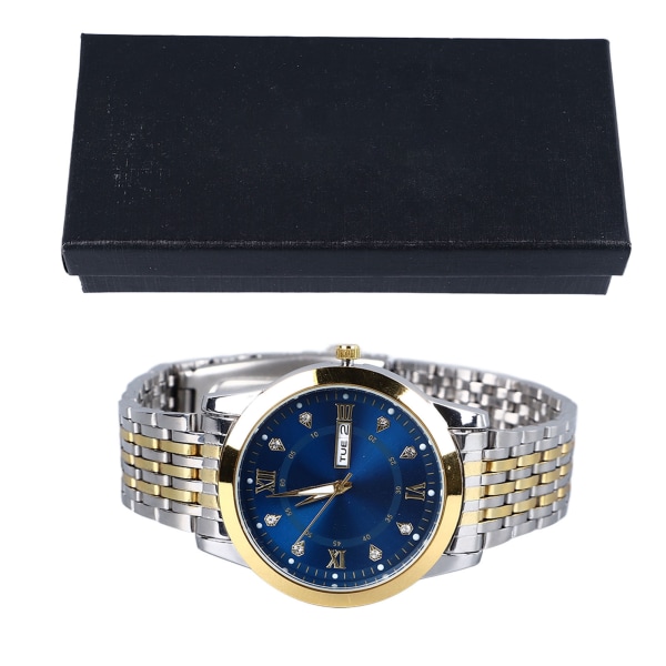 Herre Quartz Business Klokke med Dato Lysende Rustfritt Stål Dobbel Kalender Armbåndsur Vanntett Lett Klokke Gull Blå