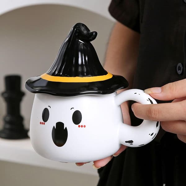 Halloween Spökmugg med Lock, Keramisk Kaffekopp, Vit, Stil 2, Rolig Present
