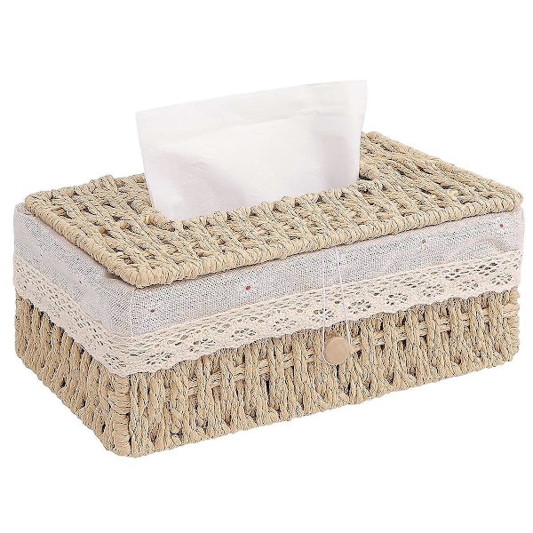 Pappersrep vävnadsbox, vävnadsbox med foder vävnadsdispenser, bohemisk dekorativ vävnadsbox förvaringslåda, 24x14x10cm beige