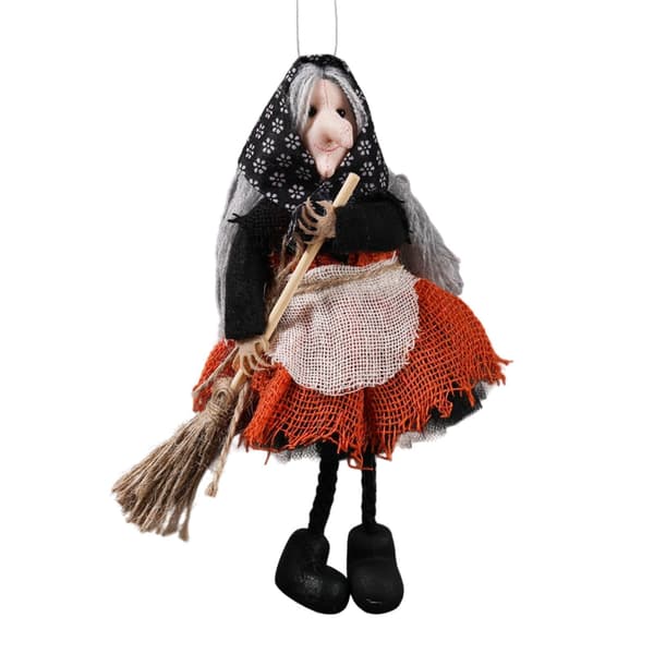 Halloween-häxprydnad med kvast, samlarfigur i form av en häxa med förkläde för julgransdekoration Orange