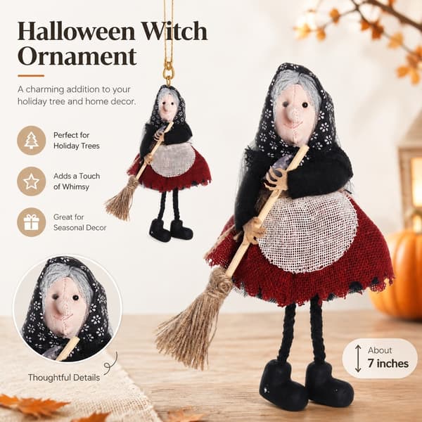 Halloween-häxprydnad, förklädeshäxa med kvast, samlarfigur för julgransdekoration Red