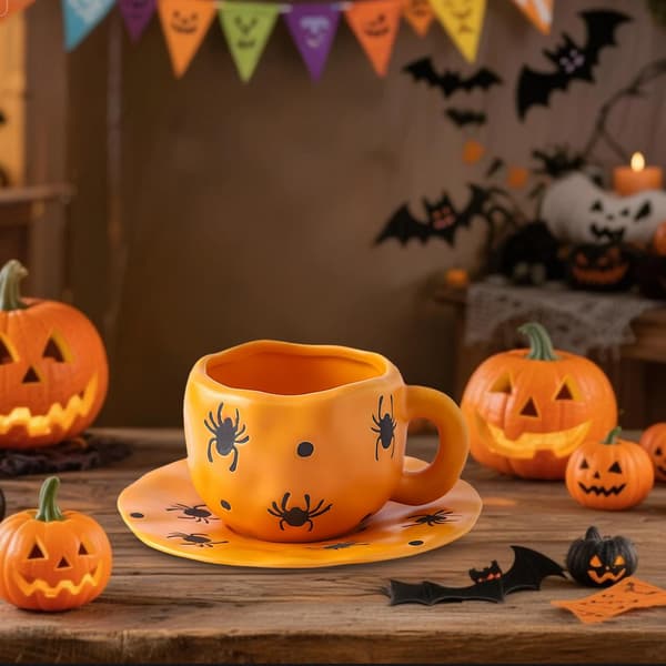 Halloween Kaffemugg 320ml Keramik Spöklik Spindelstil med Fat