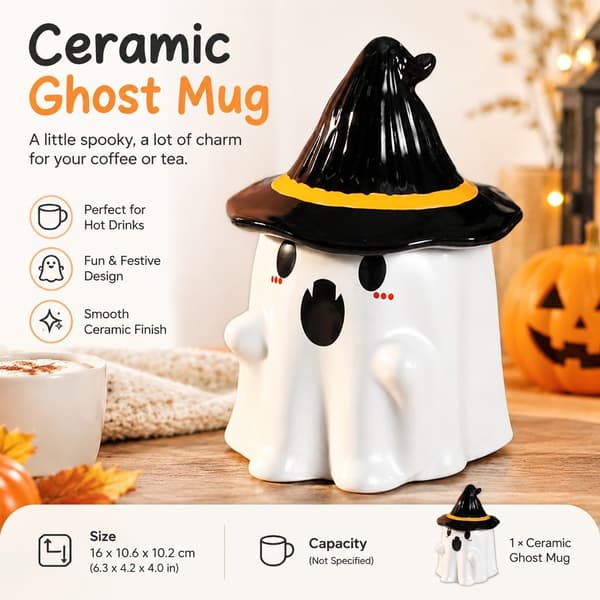 Keramisk Spökkaffemugg, Vit, Halloweenmugg, 16x10.6x10.2cm
