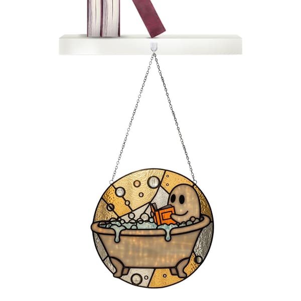 Akrylspöke som läser prydnad, Halloween-dörrdekoration, målat glas-panel, heminredning för vardagsrum Brown