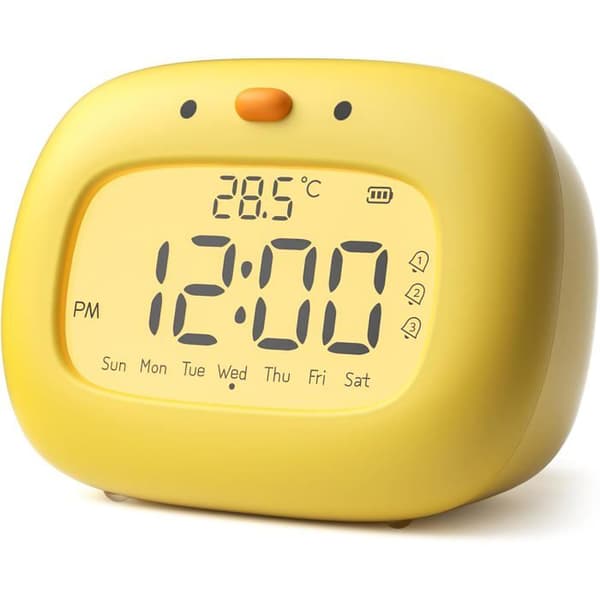Digital vekkerklokke for barn, 3 alarmer, 12/24-timers format, slumrefunksjon, timer, ukesvisning, andeform