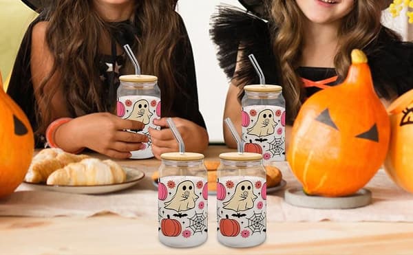 Halloween-glas med lock och sugrör, pumpaspökmugg, 400 ml