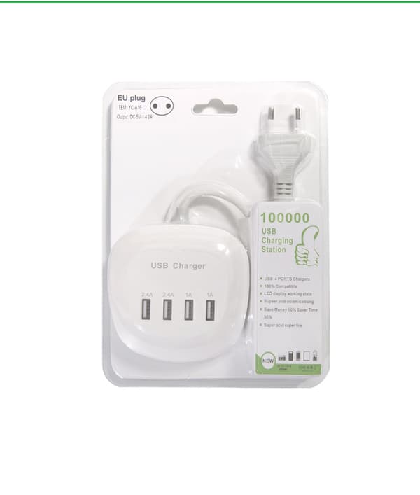4-ports USB-oplader, britisk stik til telefoner og tablets Ceramic White 1m Cable US Bag 4A