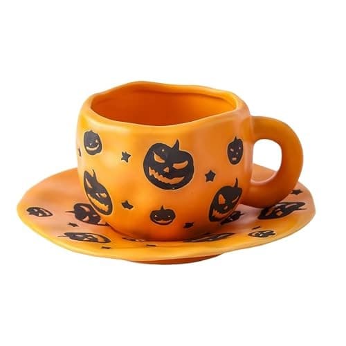 Halloween Keramisk Mugg 320ml med Fat, Pumpastil, Spöklik Kaffekopp