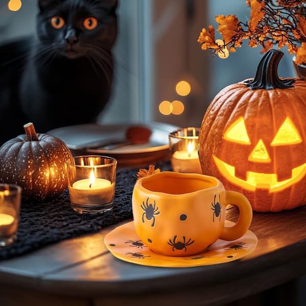 Halloween Kaffemugg 320ml Keramik Spöklik Spindelstil med Fat