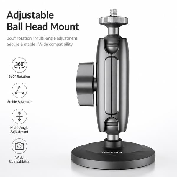 Magnetfäste för actionkamera, 3600GS neodymmagneter, dubbelt kulhuvud, vikbart, aluminium