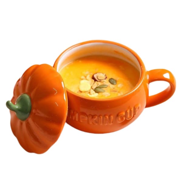 Keramisk pumpamugg med lock, liten höst Halloween kaffekopp, dekor