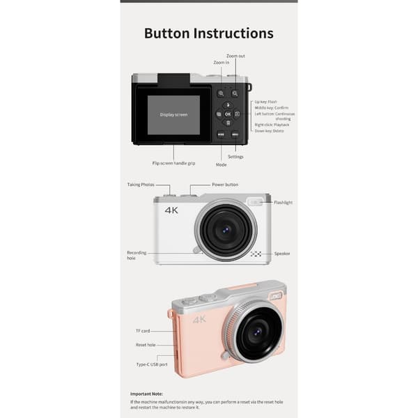 64 MP digitalkamera, 4K-video, 16x zoom, CCD-sensor, 2,4\" IPS-skjerm, 180° roterende objektiv, hvit