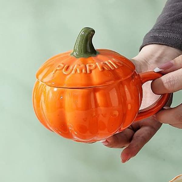 Keramisk pumpamugg, 300 ml kaffemjölkskopp med lock och sked, Halloween