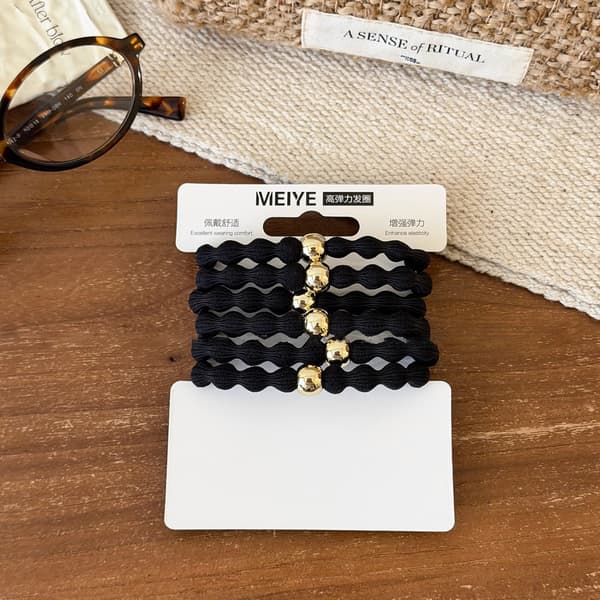 Högelastisk tjock flätad hårtofs för hästsvansstyling Black Round Bead Hair Tie