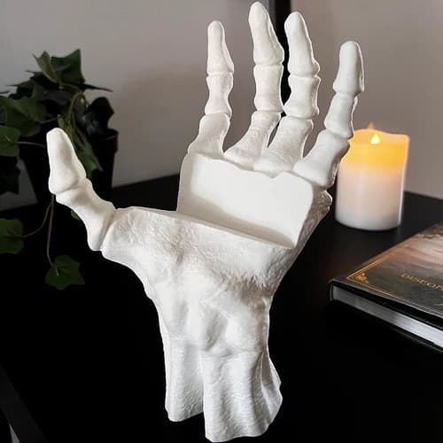 3D-printat skeletthandbokstöd, vit, gotisk spökhandsbokhylla-dekor, jul Custom