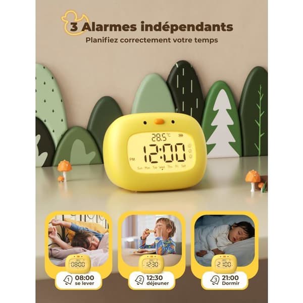 Digital vekkerklokke for barn, 3 alarmer, 12/24-timers format, slumrefunksjon, timer, ukesvisning, andeform